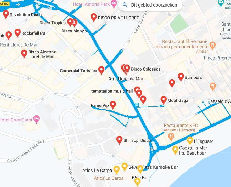 Zone de divertissement de Lloret de Mar sur la carte